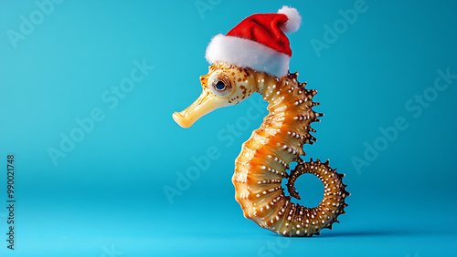 A seahorse wearing a red Santa hat on a blue background,space for text. photo