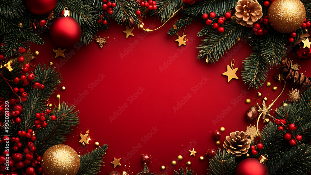 A red background with Christmas tree branches, ornaments, and gold stars,space for text. A red background with Christmas tree branches, ornaments, and gold stars,space for text.
