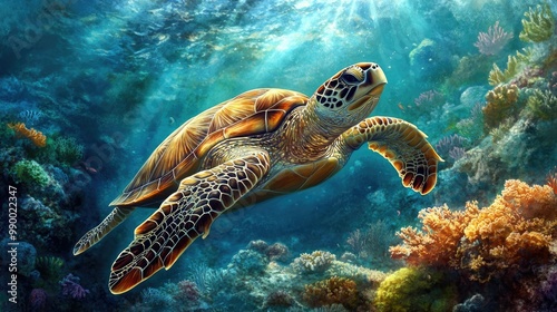 A sea turtle swimming gracefully underwater, surrounded by coral and colorful marine life, advocating for marine protection.