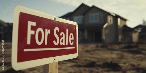 vibrant For Sale sign stands prominently in front of newly constructed home, symbolizing opportunity and new beginnings. surrounding area is still being developed, adding to anticipation of future