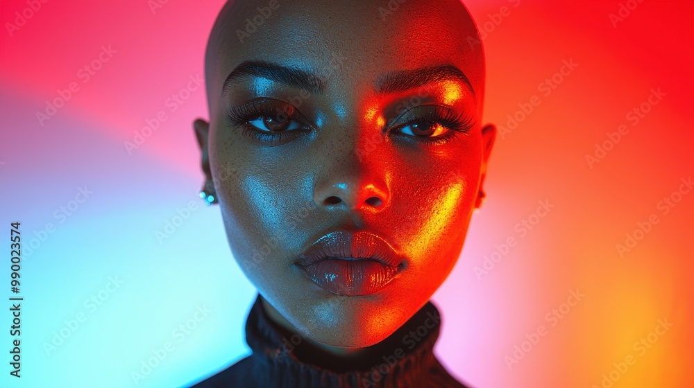 Woman with shaved head portrait in red and blue neon light Woman with shaved head portrait in red and blue neon light