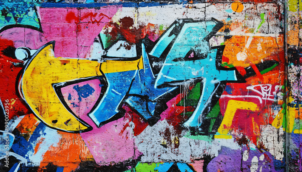 Fototapeta premium A graffiti-covered urban wall, showcasing vibrant colors, bold lines, and an edgy, artistic vibe