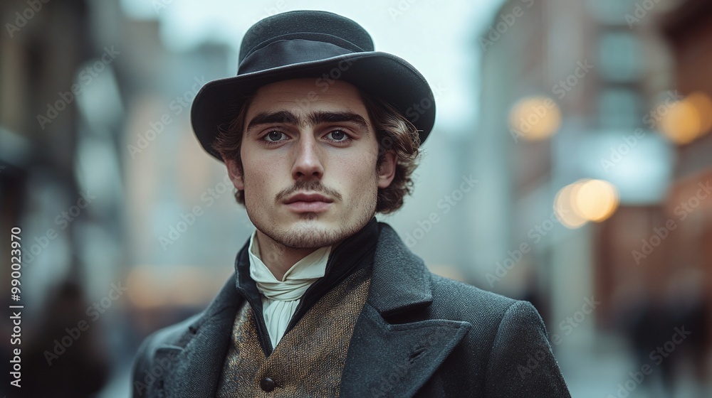 young British gentleman from the 19th century, dressed in aristocratic Victorian fashion, standing on a historical city street, showcasing classic and timeless style in a sophisticated portrait young British gentleman from the 19th century, dressed in aristocratic Victorian fashion, standing on a historical city street, showcasing classic and timeless style in a sophisticated portrait