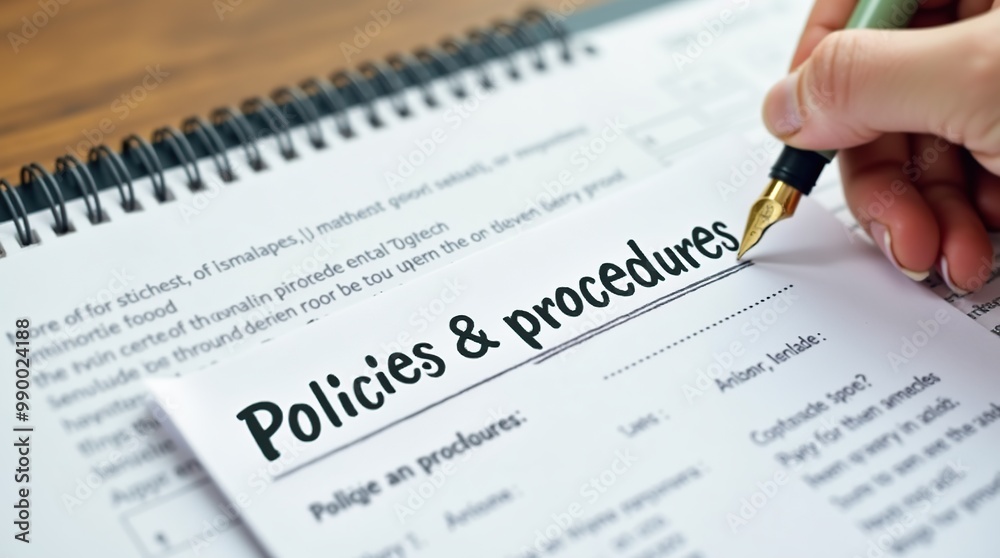 Policies and procedures memo with fountain pen on notebook Policies and procedures memo with fountain pen on notebook