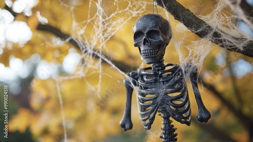 A skeleton decoration hanging from a tree branch, gently swaying in the breeze with cobwebs wrapped around it. photo