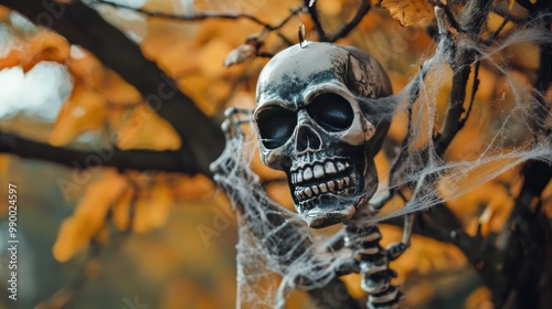 A skeleton decoration hanging from a tree branch, gently swaying in the breeze with cobwebs wrapped around it. photo