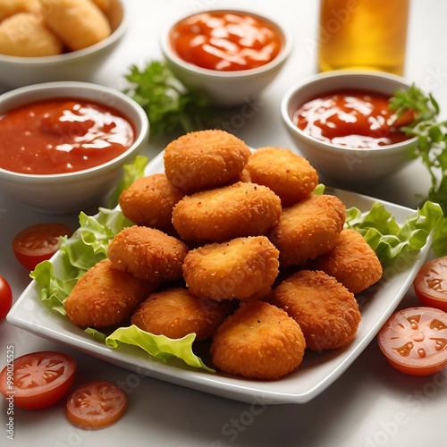 Delicious fresh Chicken Nuggets assortment with Tomato Sauce with some salad served, Chicken nuggets with crispy meat snack, Chicken nuggets made at home