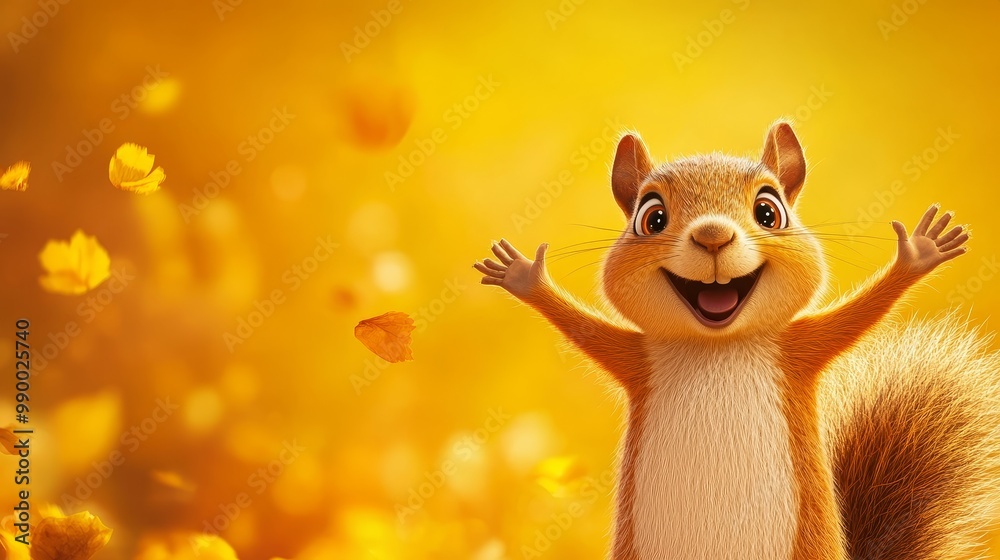 A cheerful cartoon squirrel with a joyful expression, surrounded by falling autumn leaves, symbolizing happiness, nature, autumn, joy, and energy. A cheerful cartoon squirrel with a joyful expression, surrounded by falling autumn leaves, symbolizing happiness, nature, autumn, joy, and energy.
