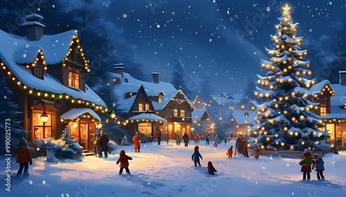 Snow-covered village at night, illuminated by Christmas lights hanging from rooftops, with a large Christmas tree standing tall in the town square.