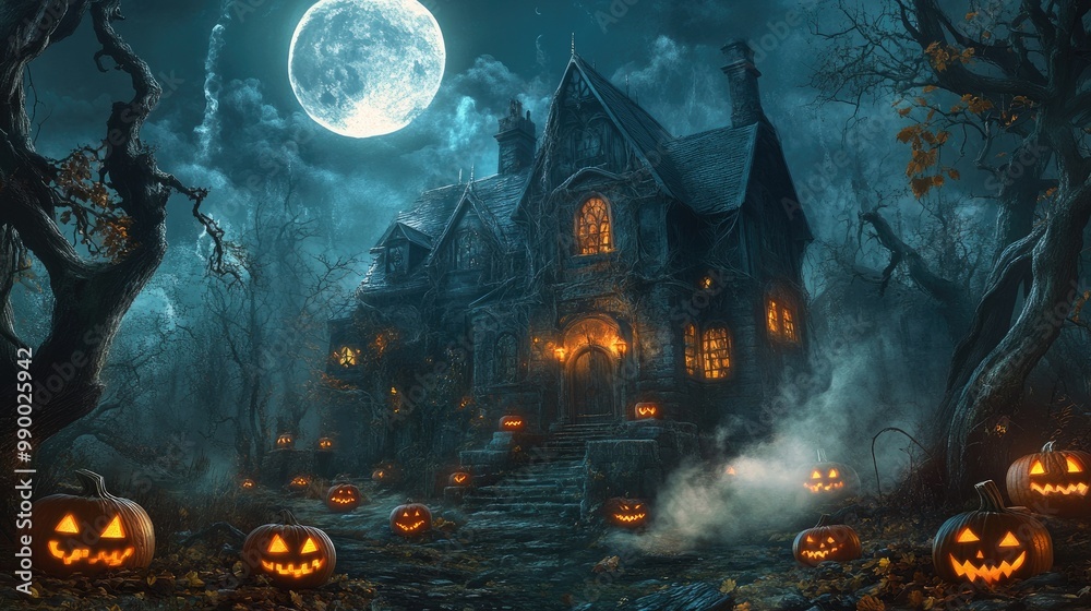 Naklejka premium A spooky haunted house lit by the full moon, surrounded by twisted trees and fog, with glowing jack-o'-lanterns leading the way to the entrance.