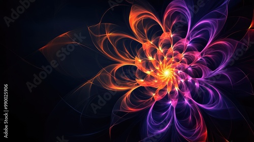 Luminous black spiral flower with glowing orange and purple lines, creating a beautiful, radiant effect on a deep dark background