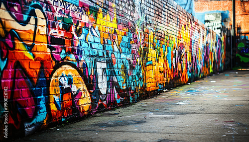 A graffiti-covered urban wall, showcasing vibrant colors, bold lines, and an edgy, artistic vibe