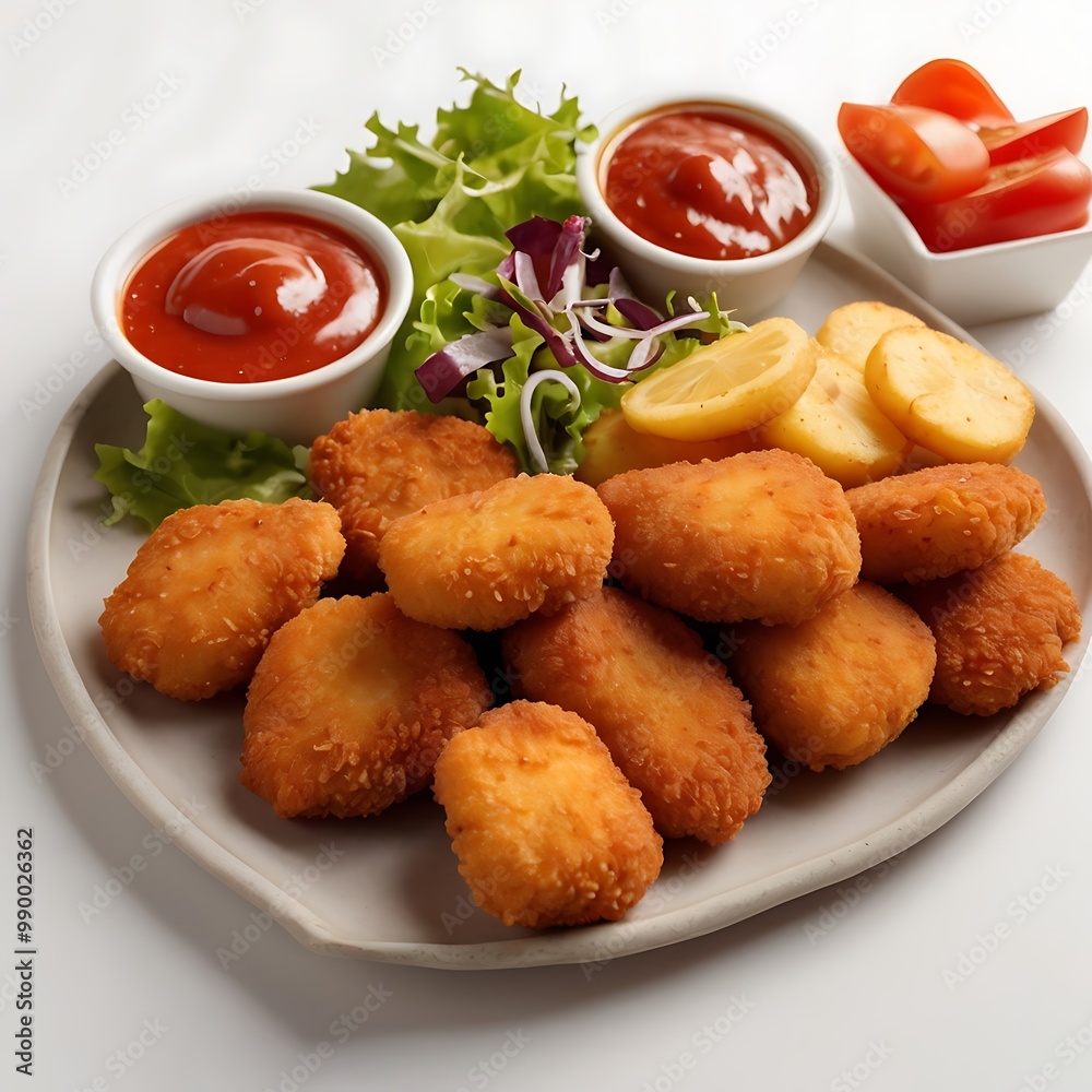 Delicious fresh Chicken Nuggets assortment with Tomato Sauce with some salad served, Chicken nuggets with crispy meat snack, Chicken nuggets made at home Delicious fresh Chicken Nuggets assortment with Tomato Sauce with some salad served, Chicken nuggets with crispy meat snack, Chicken nuggets made at home