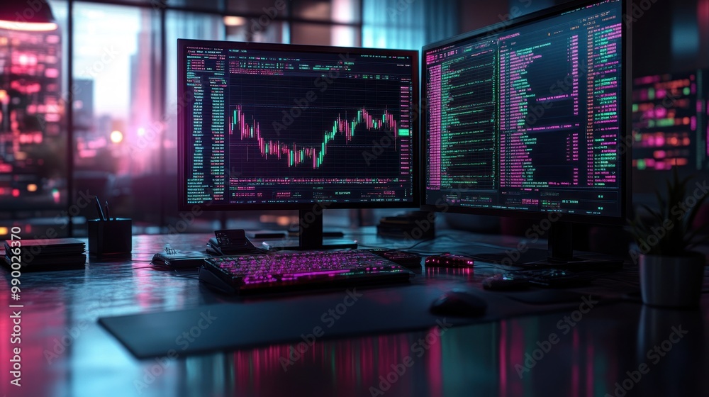 Cyberpunk Office with Dual Monitors and a City View Cyberpunk Office with Dual Monitors and a City View