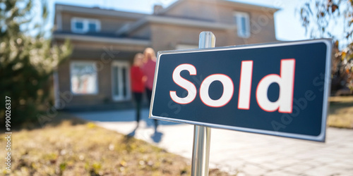 Sold sign in front of modern home, symbolizing successful real estate transaction. image captures joy of new homeowners in welcoming environment