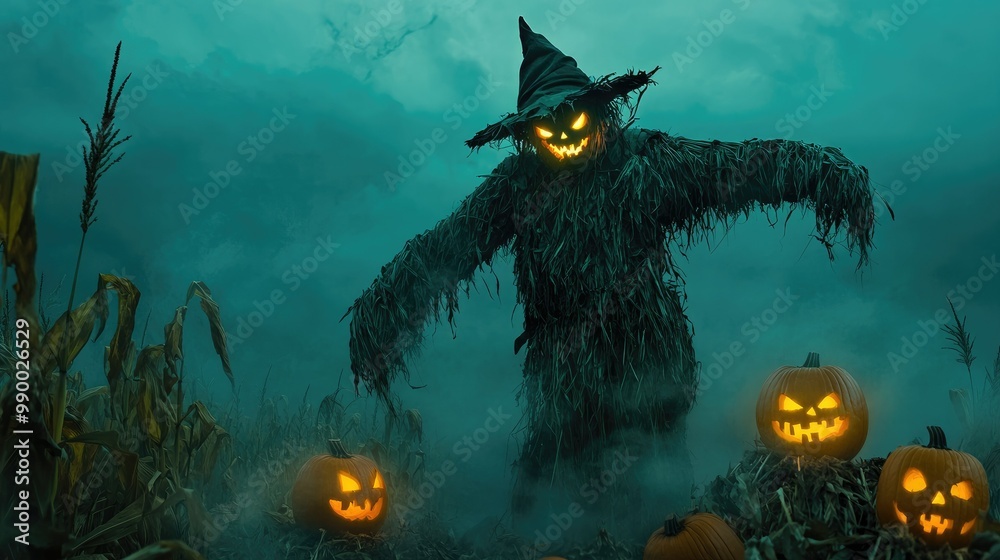 Fototapeta premium A spooky scarecrow standing in a cornfield at dusk, with fog rolling in and glowing jack-o'-lanterns at its feet.