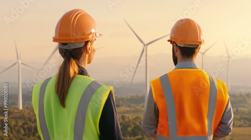 Engineers Overseeing Wind Turbines at Sunset, Emphasizing Environment Social Governance (ESG) in Renewable Energy