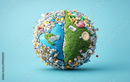 Globe split between nature and waste.