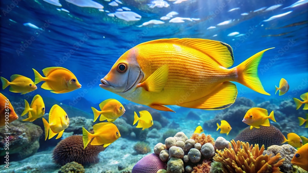 Naklejka premium Vibrant Yellow Fish Swimming Gracefully in Clear Blue Waters of a Tropical Ocean Environment