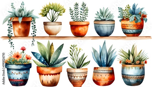 Charming Boho Flower Pot Plants Collection in Watercolor Style on Clean White Canvas