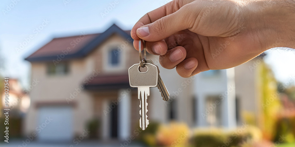 New homeowner holding keys in front of their house, symbolizing achievement and excitement. This moment captures joy of homeownership and new beginnings New homeowner holding keys in front of their house, symbolizing achievement and excitement. This moment captures joy of homeownership and new beginnings