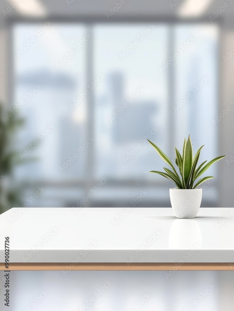 A clean white tabletop with a small potted plant, set against a blurred office background. Ideal for showcasing products, branding, or creating a minimalist aesthetic.