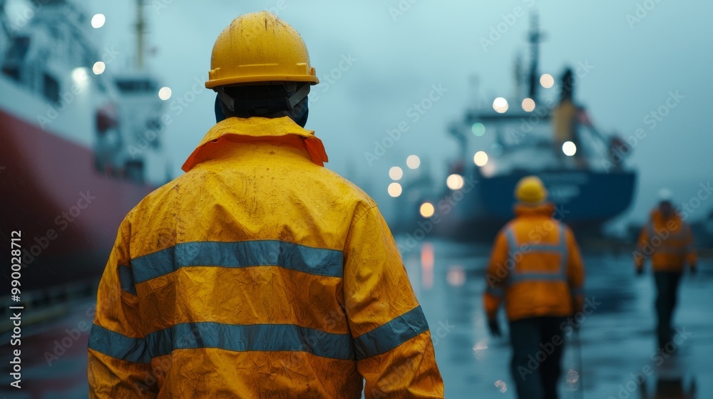 Environmental Social Governance (ESG) Concept - Workers in Safety Gear at Industrial Port in Rainy Weather Environmental Social Governance (ESG) Concept - Workers in Safety Gear at Industrial Port in Rainy Weather