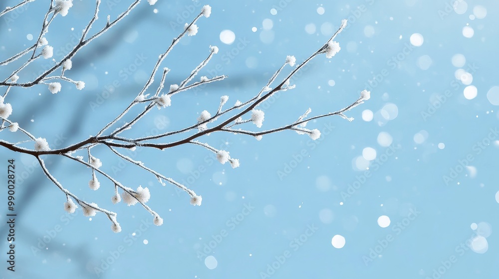 A close-up of a frosted branch against a soft blue winter sky, evoking tranquility, nature's beauty, and the season's delicate touch. A close-up of a frosted branch against a soft blue winter sky, evoking tranquility, nature's beauty, and the season's delicate touch.