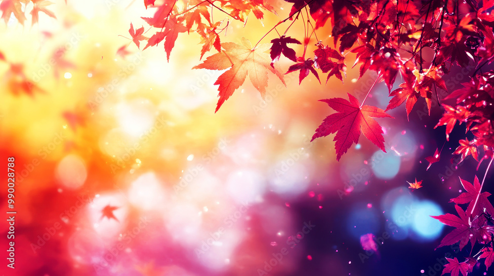 Beautiful maple leaves in autumn sunny day in foreground and blurry background in Kyushu, Japan. No people, close up, copy space, macro shot.
