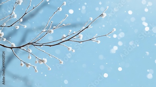 A close-up of a frosted branch against a soft blue winter sky, evoking tranquility, nature's beauty, and the season's delicate touch.