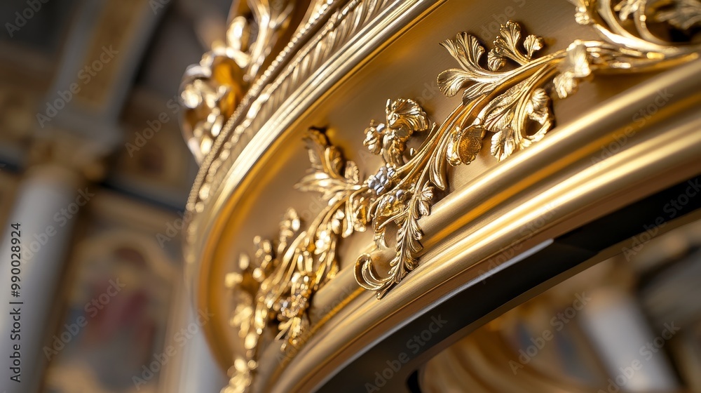 A close-up of a golden curved frame with intricate floral designs, showcasing craftsmanship, elegance, and architectural detail. The frame evokes luxury, history, and grandeur. A close-up of a golden curved frame with intricate floral designs, showcasing craftsmanship, elegance, and architectural detail. The frame evokes luxury, history, and grandeur.
