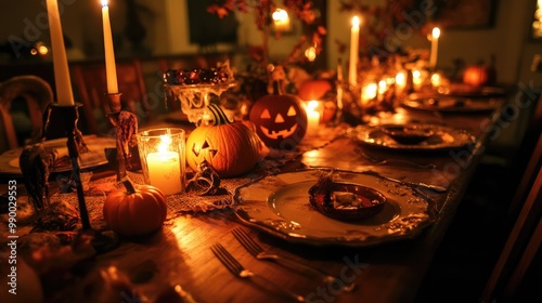 A table set for a Halloween dinner with themed plates, candles, and creepy centerpieces.