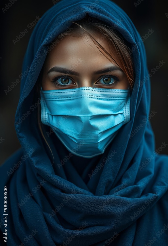 Naklejka premium Woman Wearing a Blue Face Mask and Headscarf