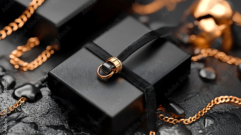 Elegant pendant necklace displayed in luxurious black velvet box, surrounded by golden chains and decorative stones, creating sophisticated and stylish atmosphere. 