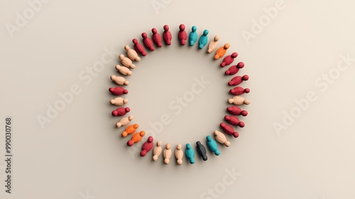 Diverse Group of Colorful Wooden Figures Forming a Circle on a Neutral Background
