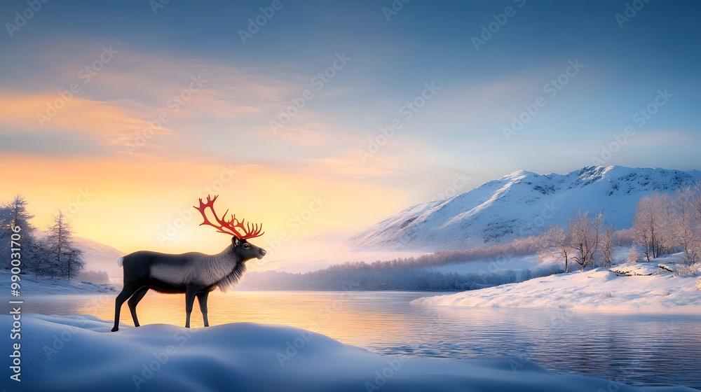 A majestic reindeer stands by a serene river at sunset, surrounded by snowy mountains and a tranquil winter landscape. A majestic reindeer stands by a serene river at sunset, surrounded by snowy mountains and a tranquil winter landscape.