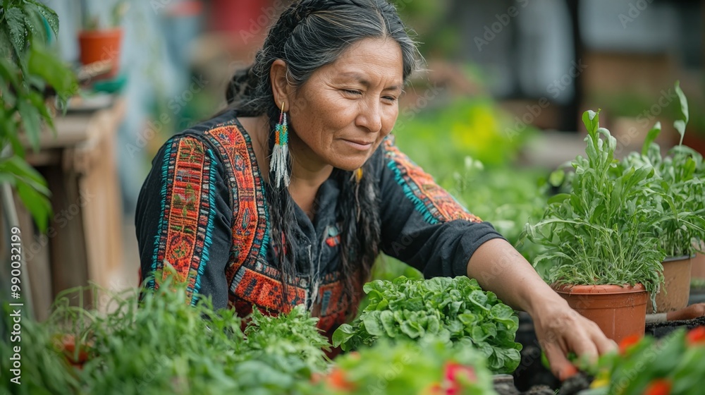 native american woman caring for plants in a rooftop garden, contributing to an urban community green space, combining tradition with sustainability for a peaceful and green environment native american woman caring for plants in a rooftop garden, contributing to an urban community green space, combining tradition with sustainability for a peaceful and green environment
