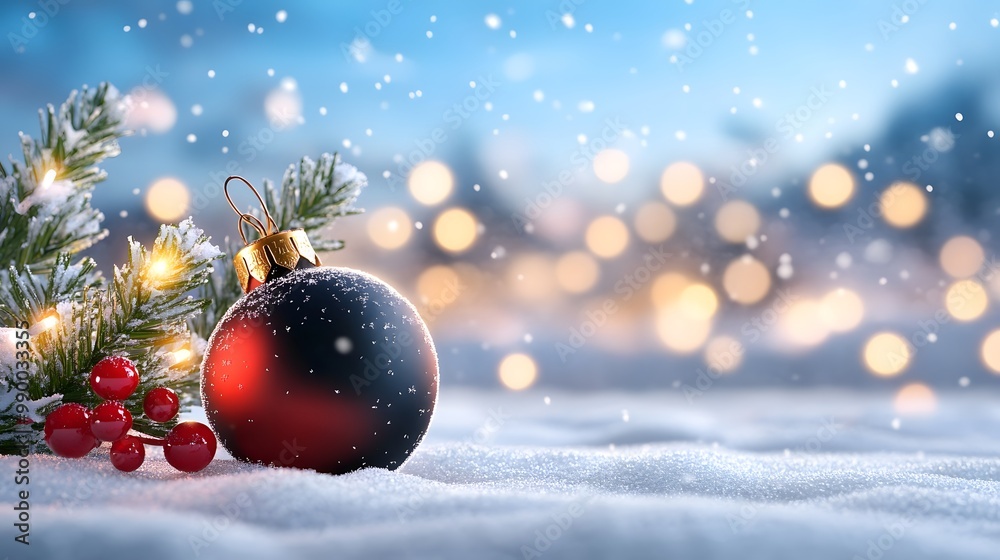 A festive Christmas scene featuring a shiny ornament, pine branch, and soft snowflakes against a beautiful bokeh background. A festive Christmas scene featuring a shiny ornament, pine branch, and soft snowflakes against a beautiful bokeh background.