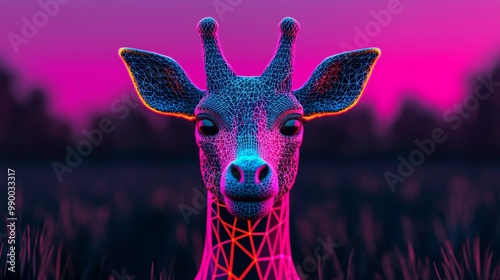 Vibrant Cartoon Animals Land with Neon Giraffe in Fantasy Landscape - Perfect for Children's Illustrations and Creative Projects photo