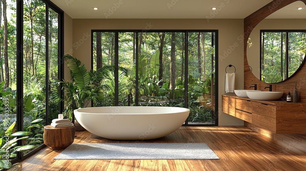 Modern Bathroom Interior Design with Bathtub Large Window and Jungle View Modern Bathroom Interior Design with Bathtub Large Window and Jungle View