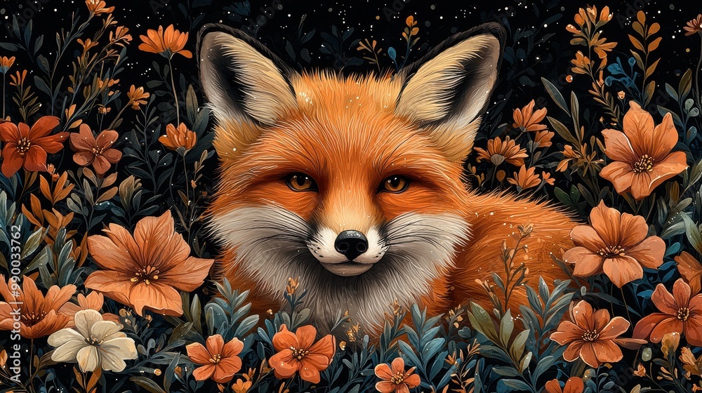Naklejka premium Red Fox in Autumn Flowers Nature Illustration