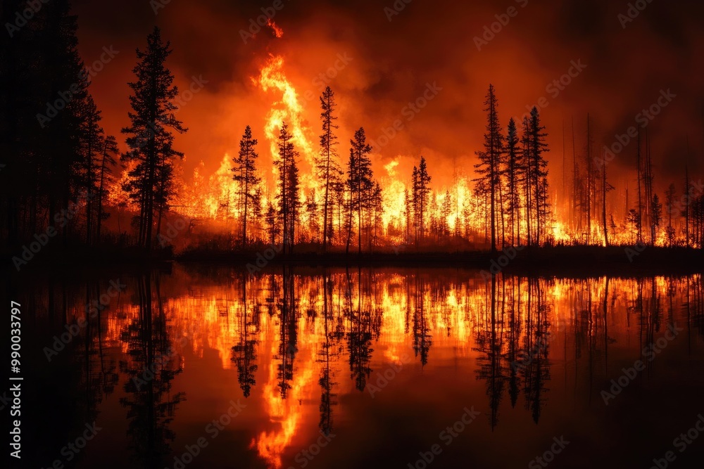Fototapeta premium A Fiery Forest Fire Reflecting in a Still Lake at Night