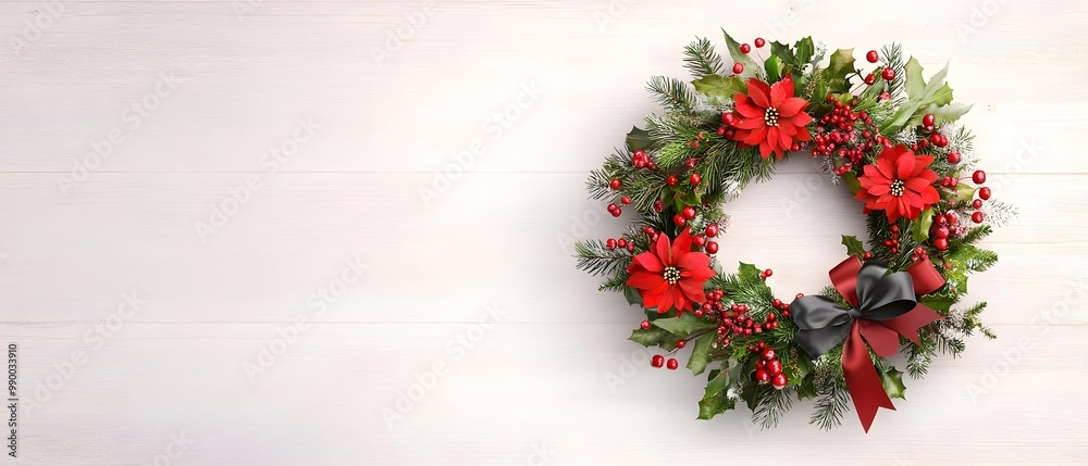 A vibrant holiday wreath adorned with red flowers, greenery, and festive decorations, perfect for seasonal celebration. A vibrant holiday wreath adorned with red flowers, greenery, and festive decorations, perfect for seasonal celebration.