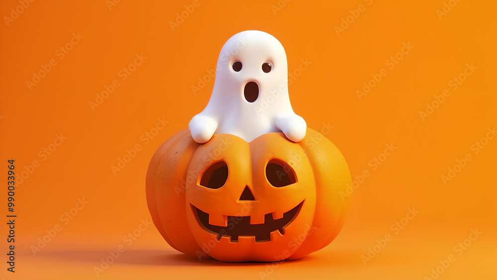 Simple halloween cartoon ghost peeks out of a Jack-o-lantern pumpkin on orange background Happy Halloween concept Simple halloween cartoon ghost peeks out of a Jack-o-lantern pumpkin on orange background Happy Halloween concept