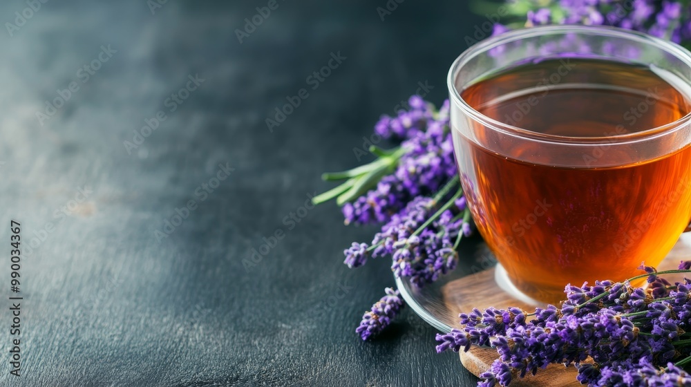 Fototapeta premium A cup of calming lavender tea with fresh lavender sprigs on a rustic wooden table, perfect for relaxation and wellness.