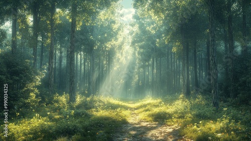 Lush forest path illuminated by soft sunlight and greenery.