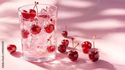 Wallpaper Mural A glass of sparkling water with cherries and ice, surrounded by more cherries on a pink surface. Torontodigital.ca