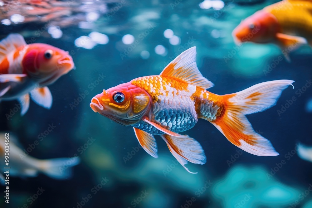 A Single Goldfish Swimming Through Blue Water A Single Goldfish Swimming Through Blue Water