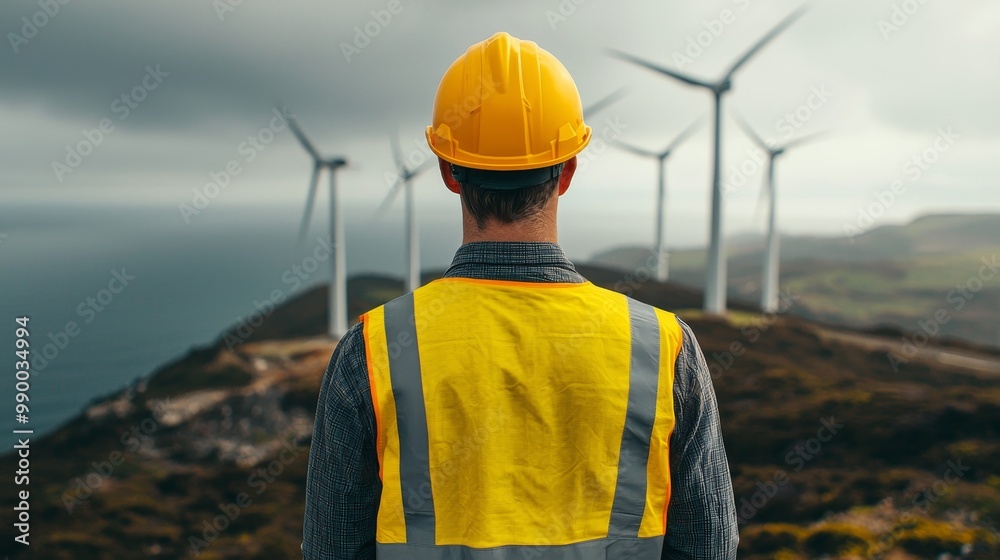 Engineer Overlooking Wind Turbines in a Sustainable Landscape Reflecting Environment Social Governance (ESG) Principles Engineer Overlooking Wind Turbines in a Sustainable Landscape Reflecting Environment Social Governance (ESG) Principles