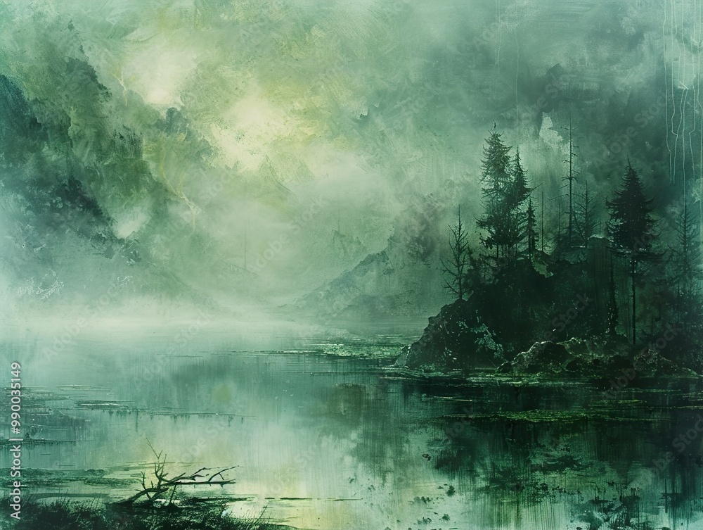 Misty Mountain Lake Landscape Painting - Nature Photography